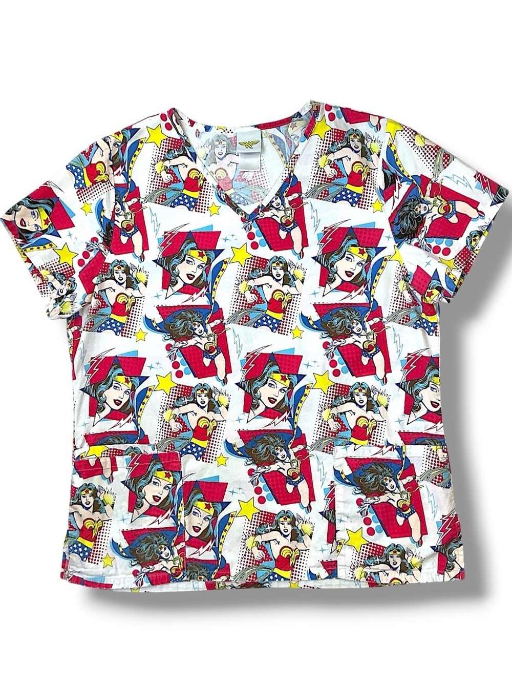 Wonder Woman Scrub Top Cotton DC Comics Print V Neck Multicolor Size S/M